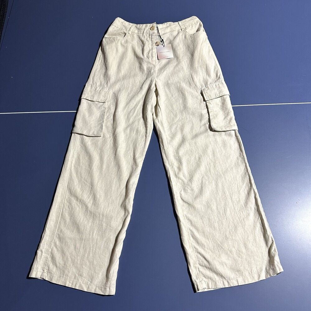 Happily Grey Cargo Pants Beige Linen Blend Straight Leg Pockets Size L NWT